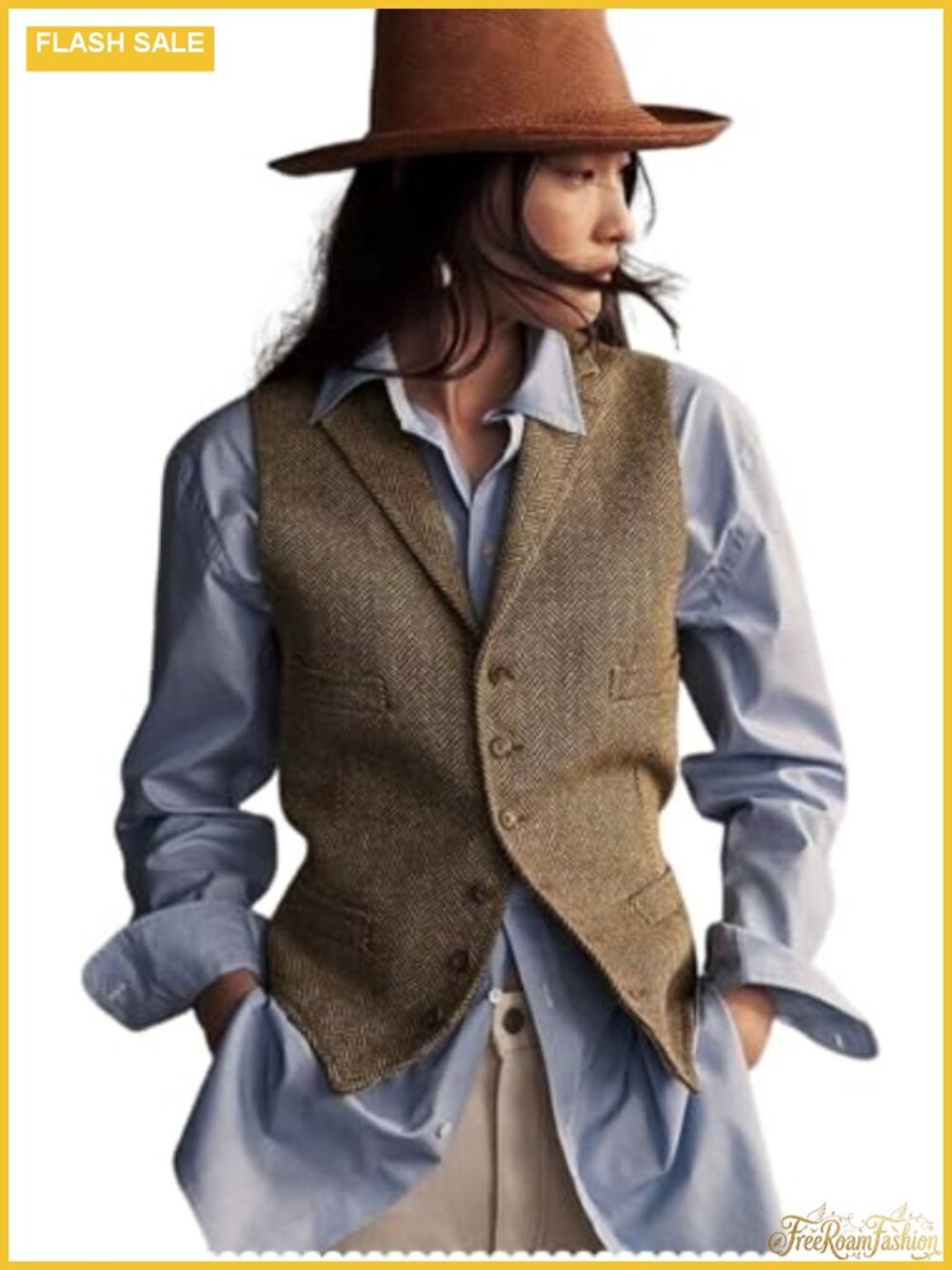 Herringbone Tweed Waistcoat V-Neck Lapel Suit Vest Sleeveless Button Pocket